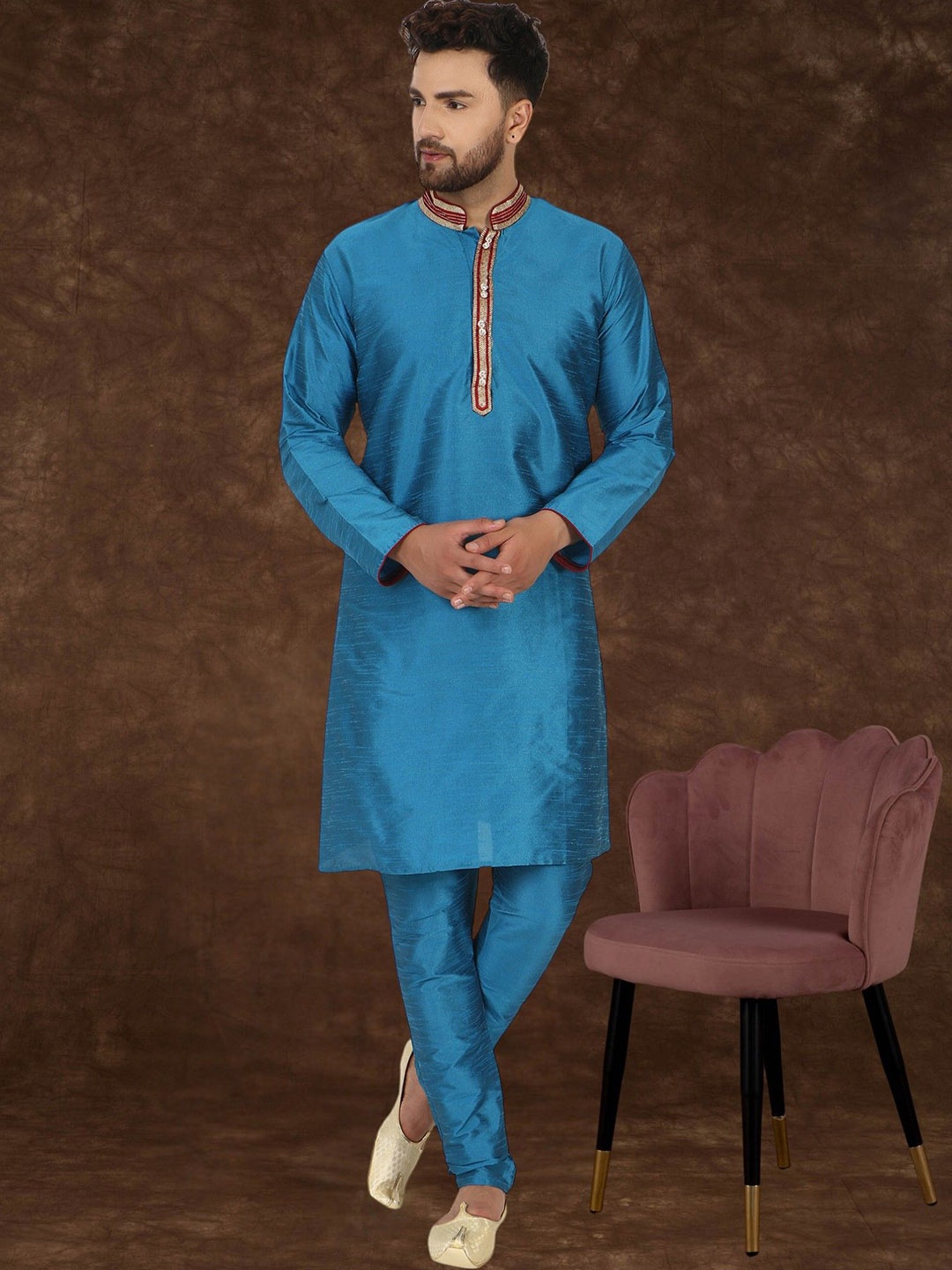 

Moda Rapido Thread Work Band Collar Straight Kurta with Pyjamas, Turquoise blue