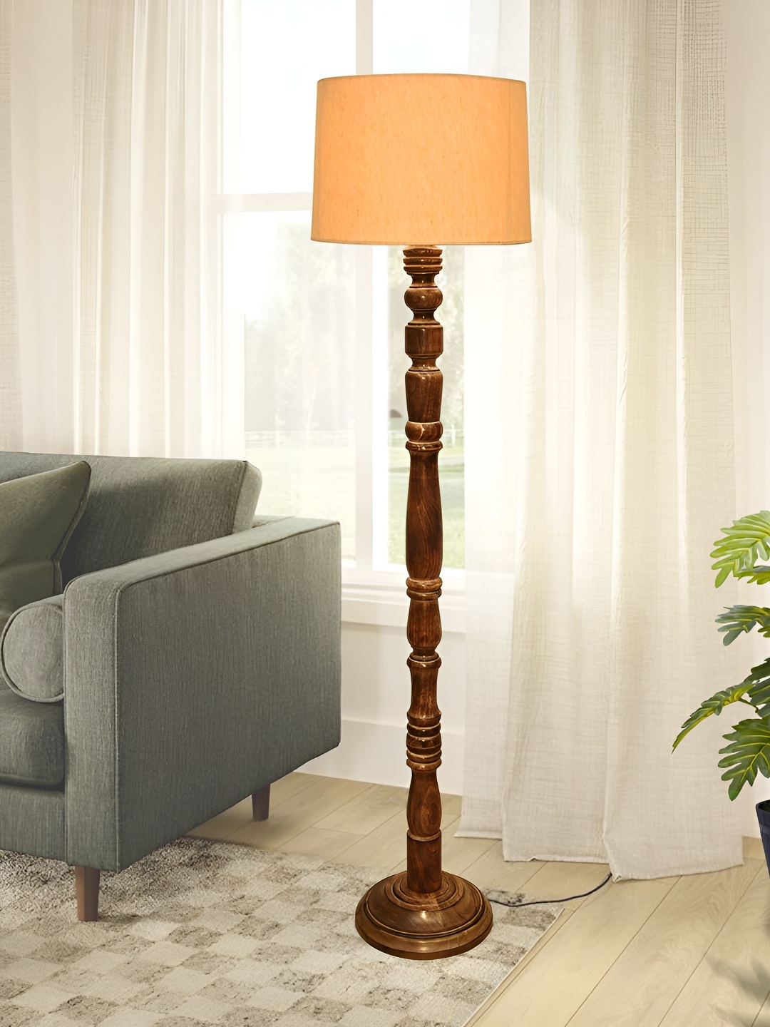 

Homesake Yellow & Brown Frustum Shaped Wooden Floor Lamp