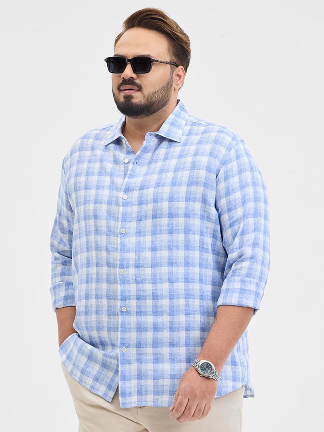 

Snitch Men Spread Collar Gingham Checked Cotton Casual Shirt, Blue