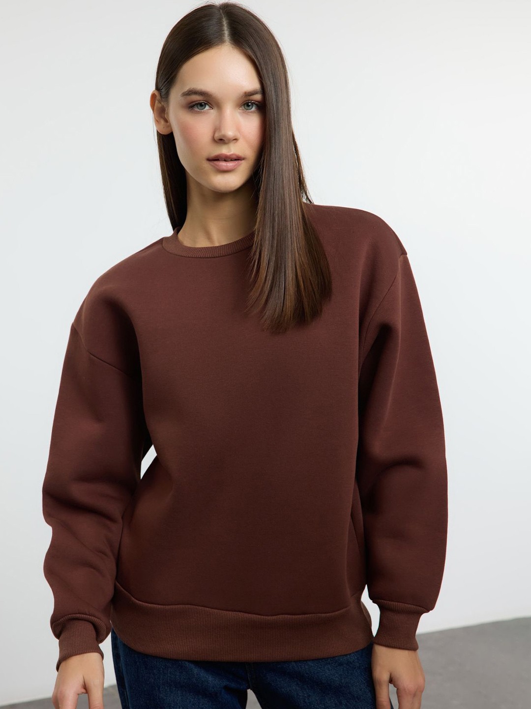 

Trendyol Women Round Neck Sweatshirt, Brown