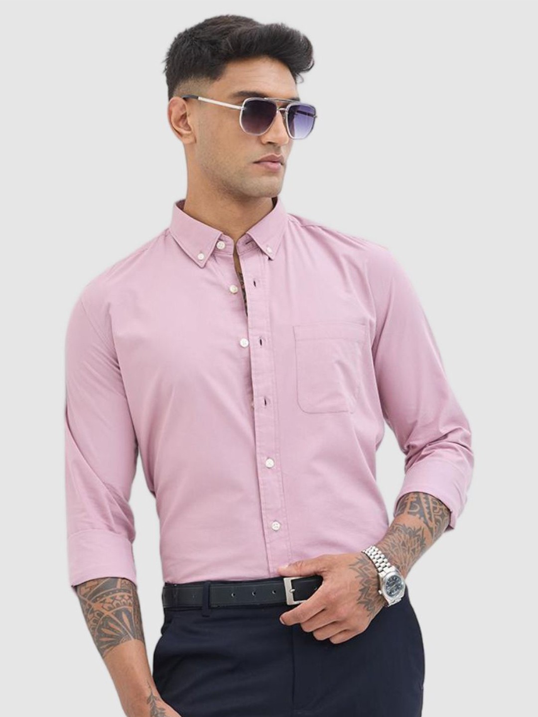 

Snitch Men Smart Slim Fit Button-Down Collar Solid Cotton Formal Shirt, Pink
