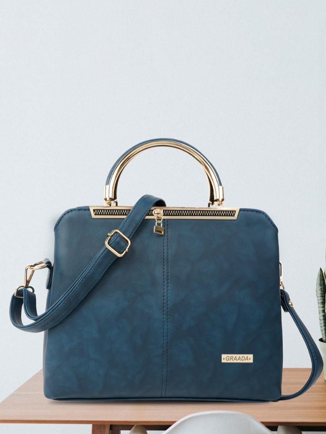 

GRAADA Solid Structured Satchel Handbag, Blue