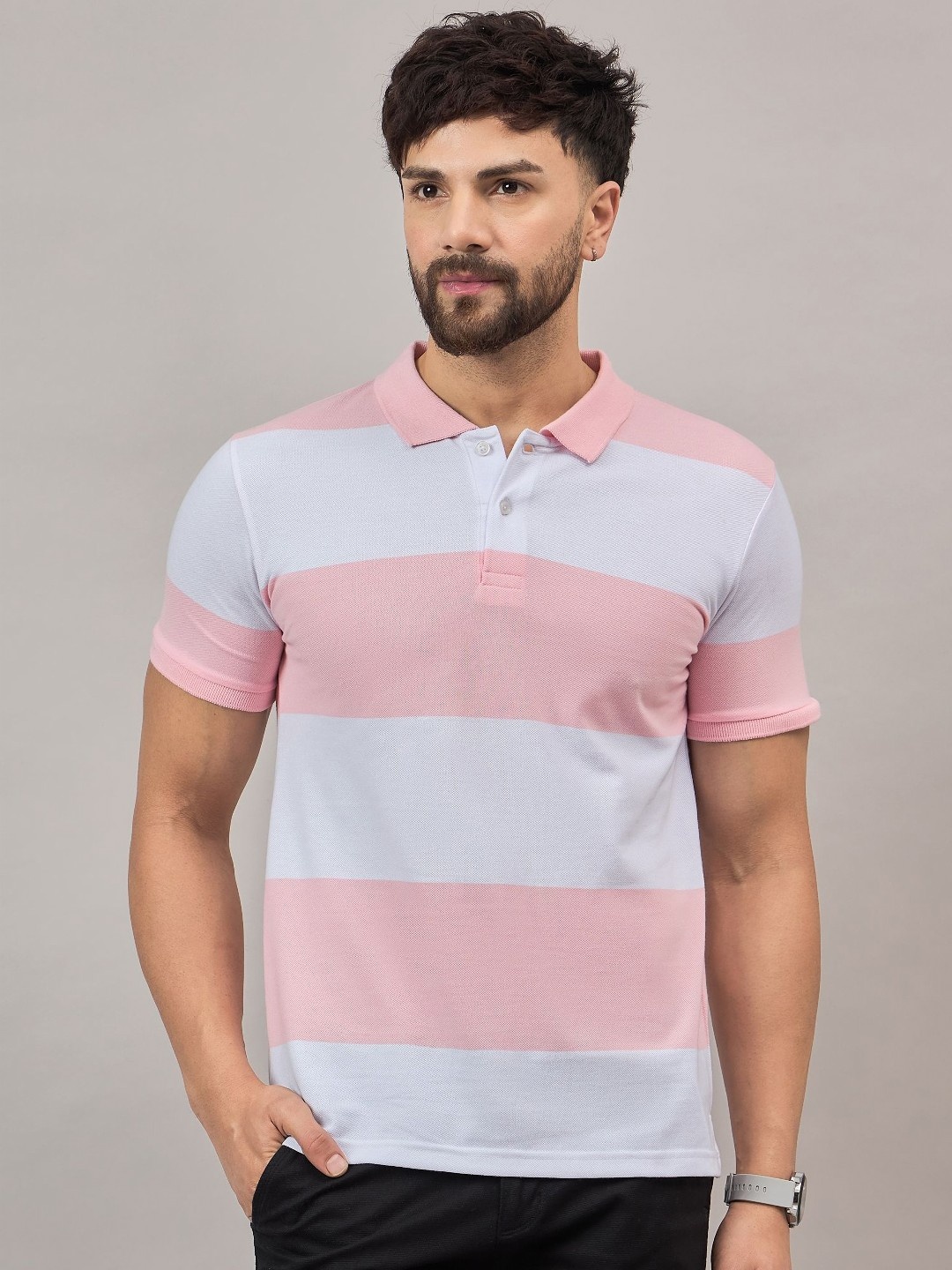 

REPRISE Men Striped Polo Collar Cotton T-shirt, Pink