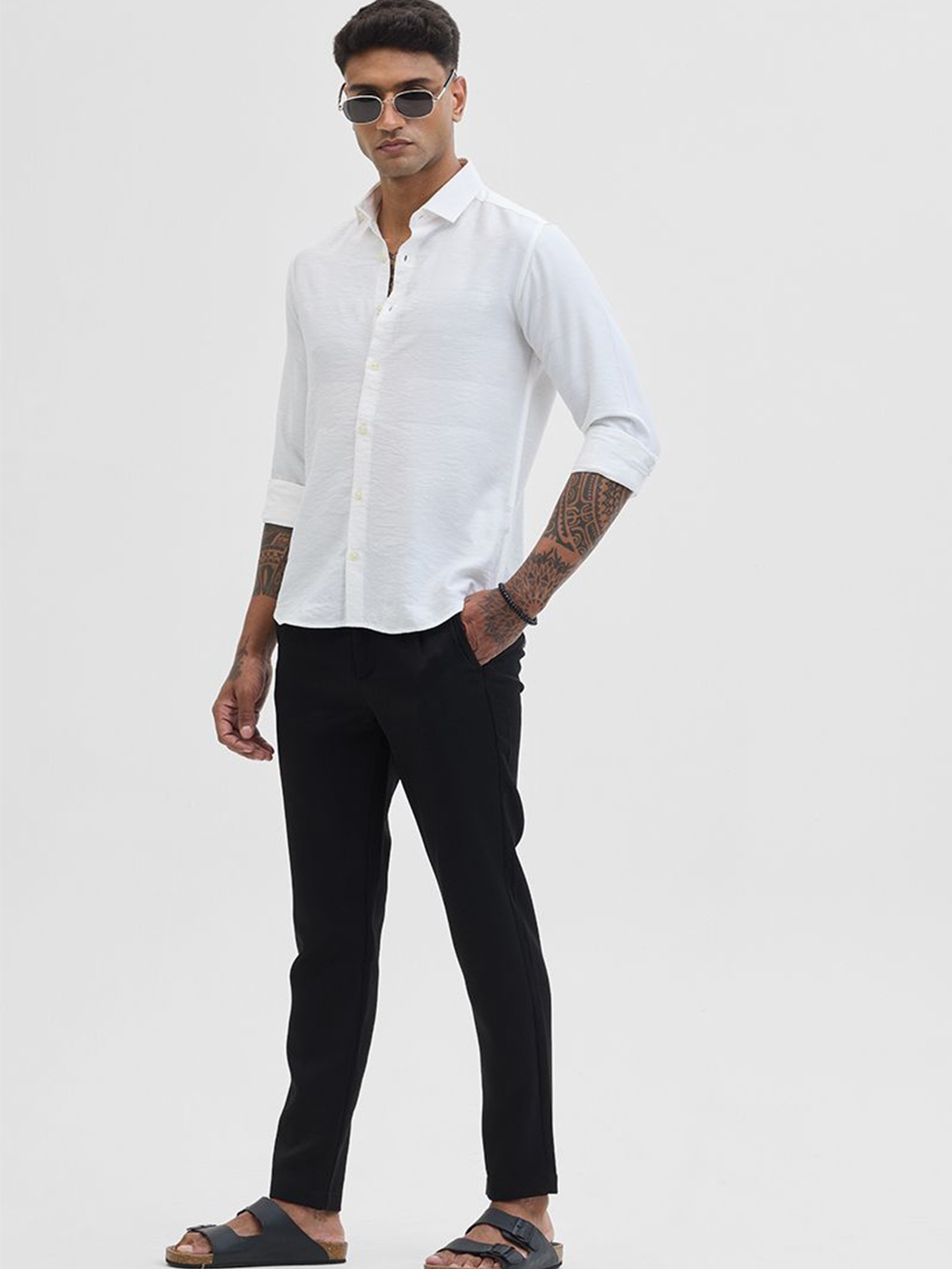

Snitch Men Classic Fit Spread Collar Solid Casual Shirt, White