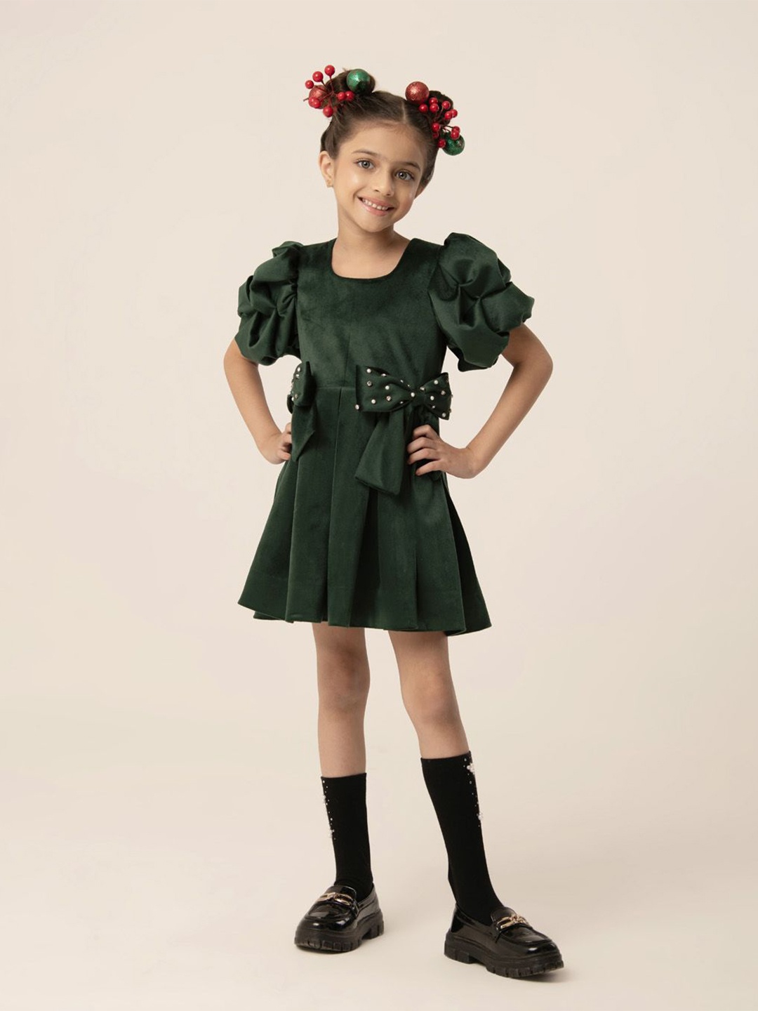 

HOITY MOPPET Girls Puff Sleeve Fit & Flare Dress, Green