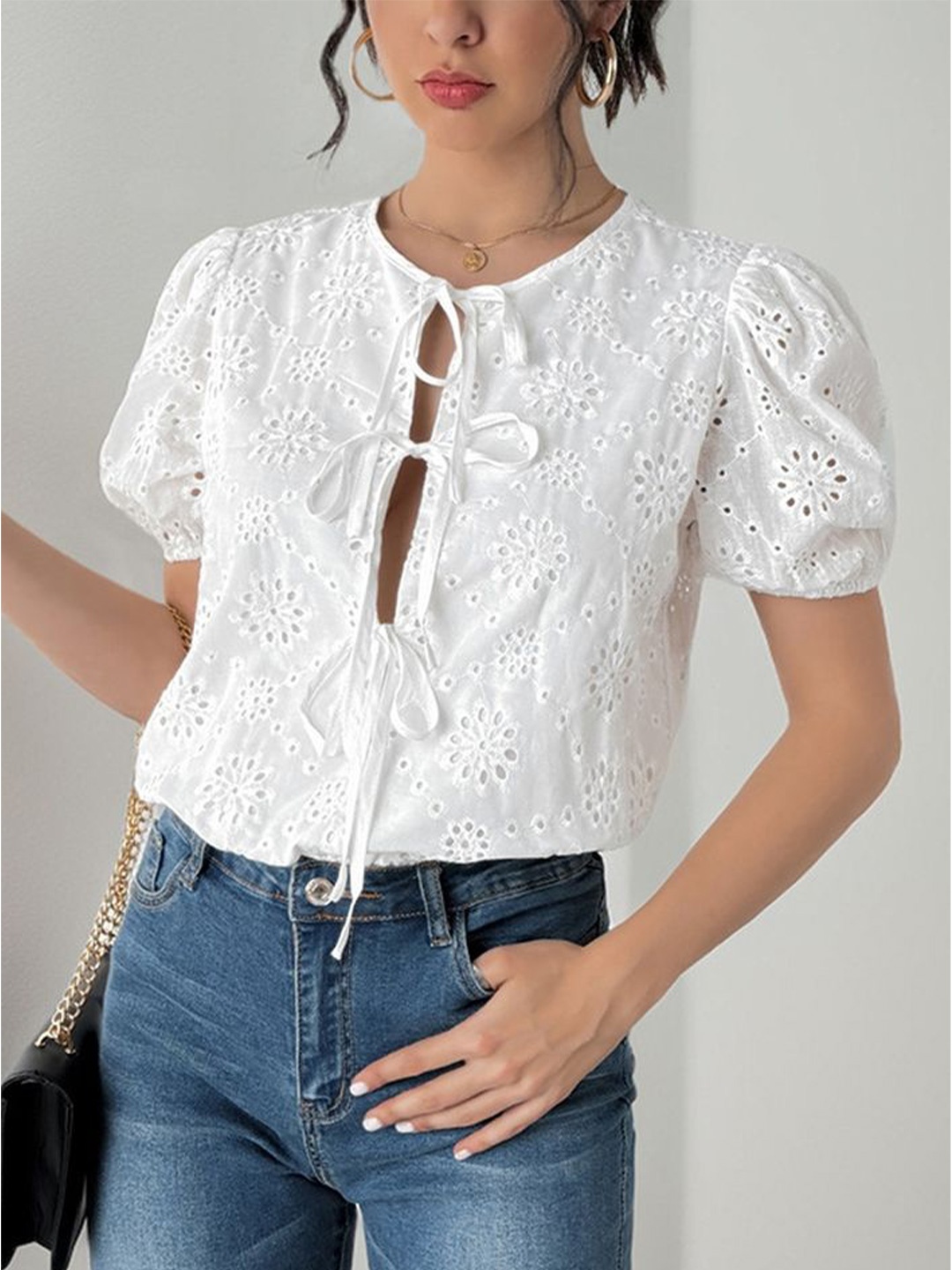 

LULU & SKY Women Tie-Up Neck Puff Sleeve A-Line Top, White