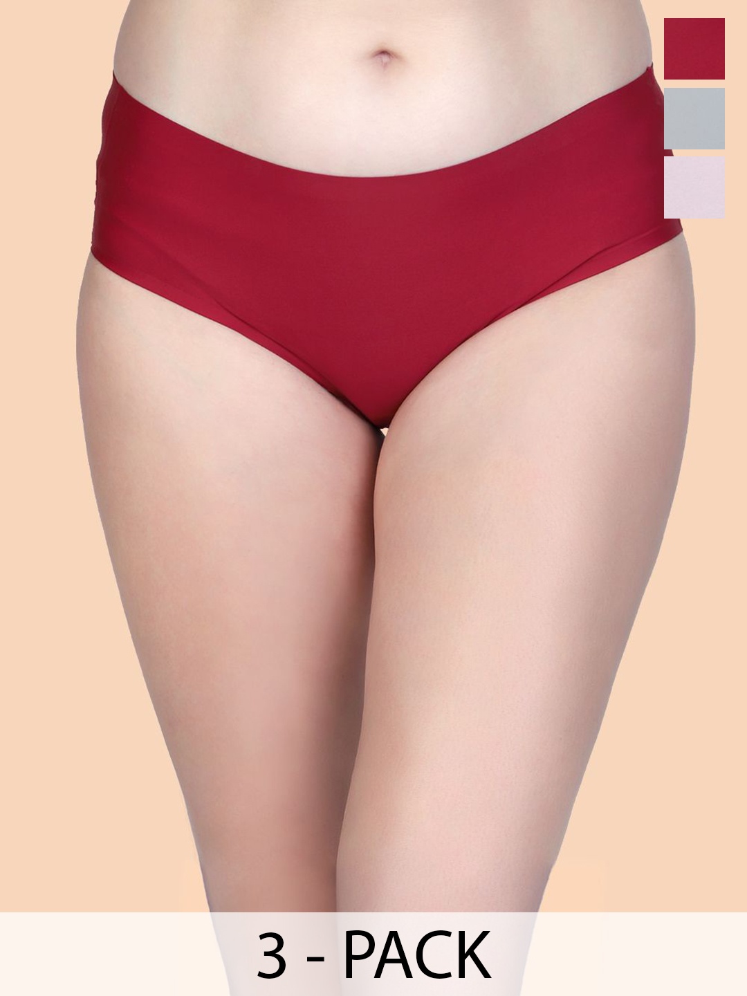 

Amour Secret Pack Of 3 Mid Rise Seamless Hipster Briefs P5004_Mrn_Gry_Pnk_S, Maroon