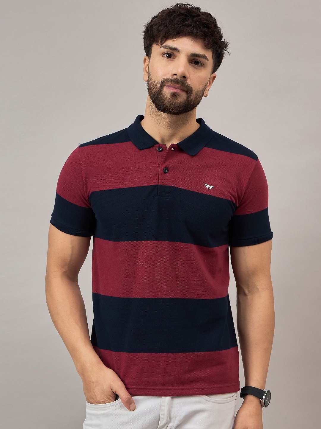 

REPRISE Men Striped Polo Collar Cotton T-shirt, Maroon
