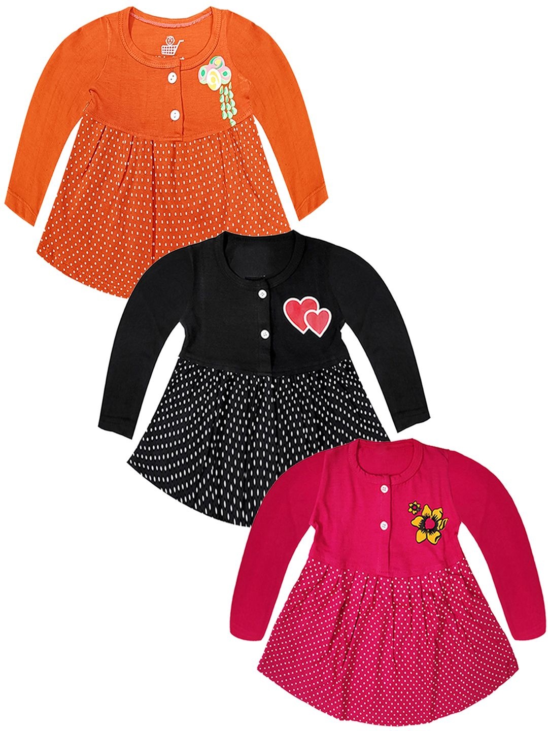

KidzzCart Girls Pack Of 3 Cotton Printed Fit & Flare Dress, Black