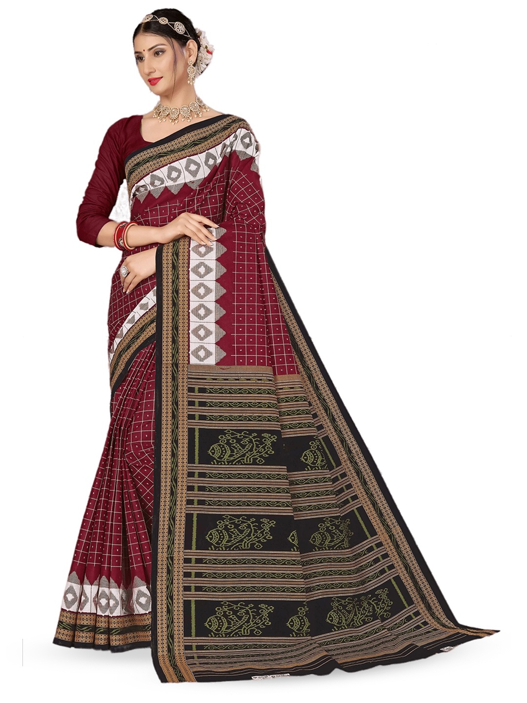 

pasapalli Pure Cotton Sambalpuri Saree, Maroon