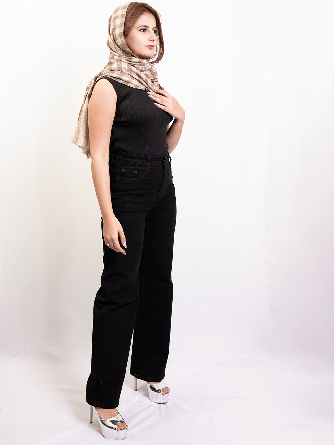 

PASHGIRI Checked Embroidered Shawl, Camel brown