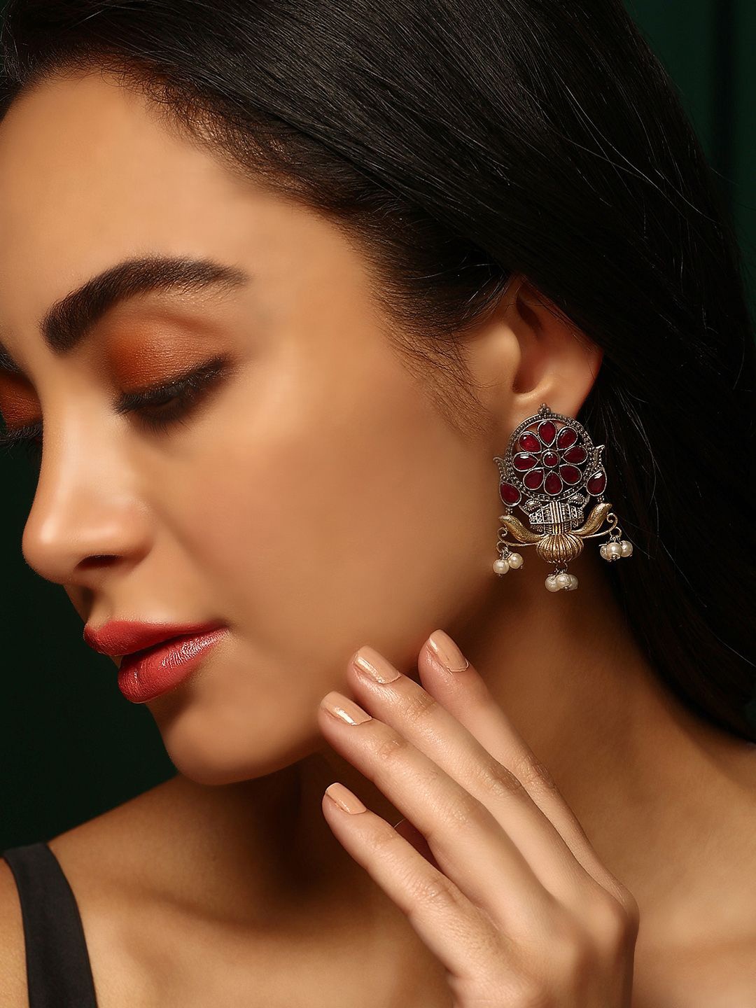 

Priyaasi Silver-Plated Faux Ruby Stone Studded & Beaded Oxidized Floral Drop Earrings, Red