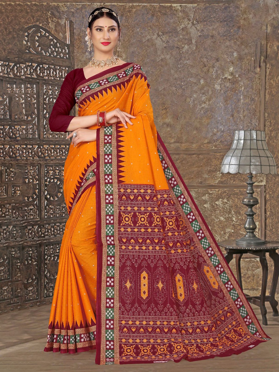 

pasapalli Pure Cotton Sambalpuri Saree, Orange