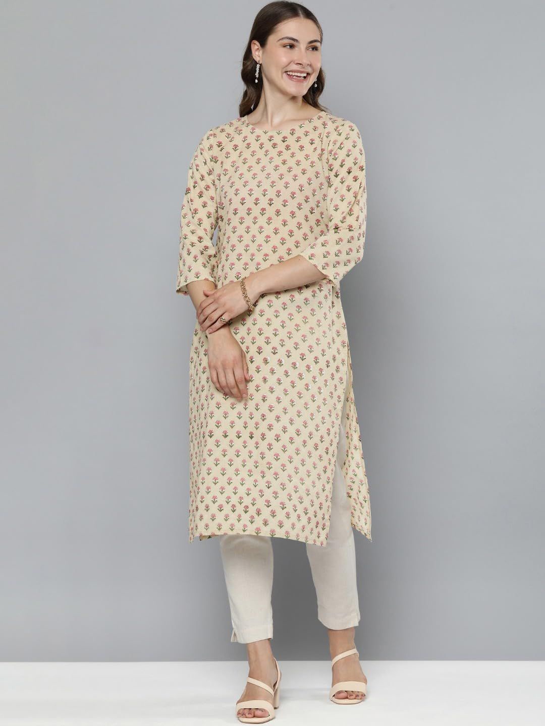 

13-Star Floral Printed Round Neck A-Line Dress, Beige