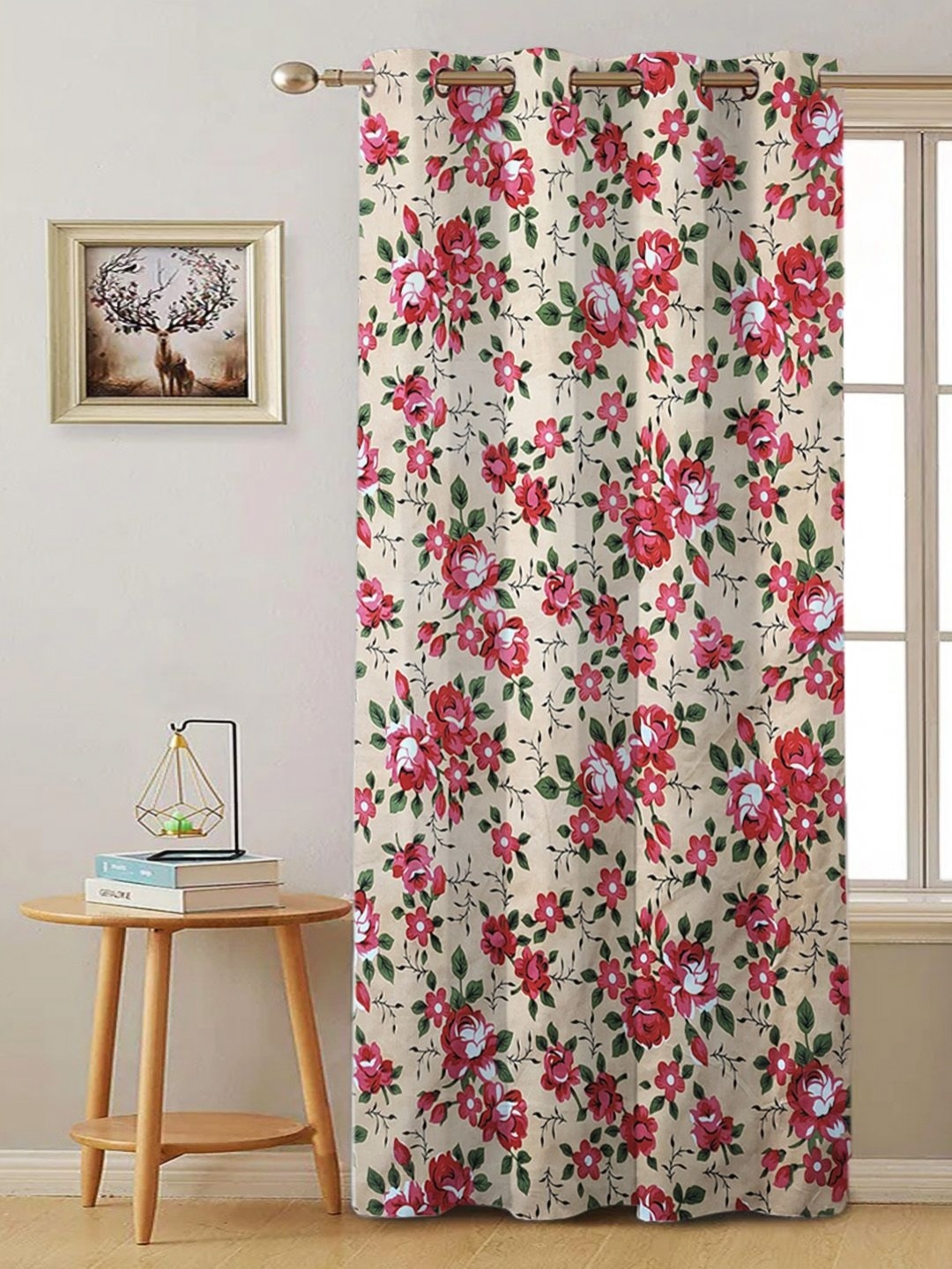 

ANA Red & Cream-Coloured Floral Room Darkening Long Door Curtain