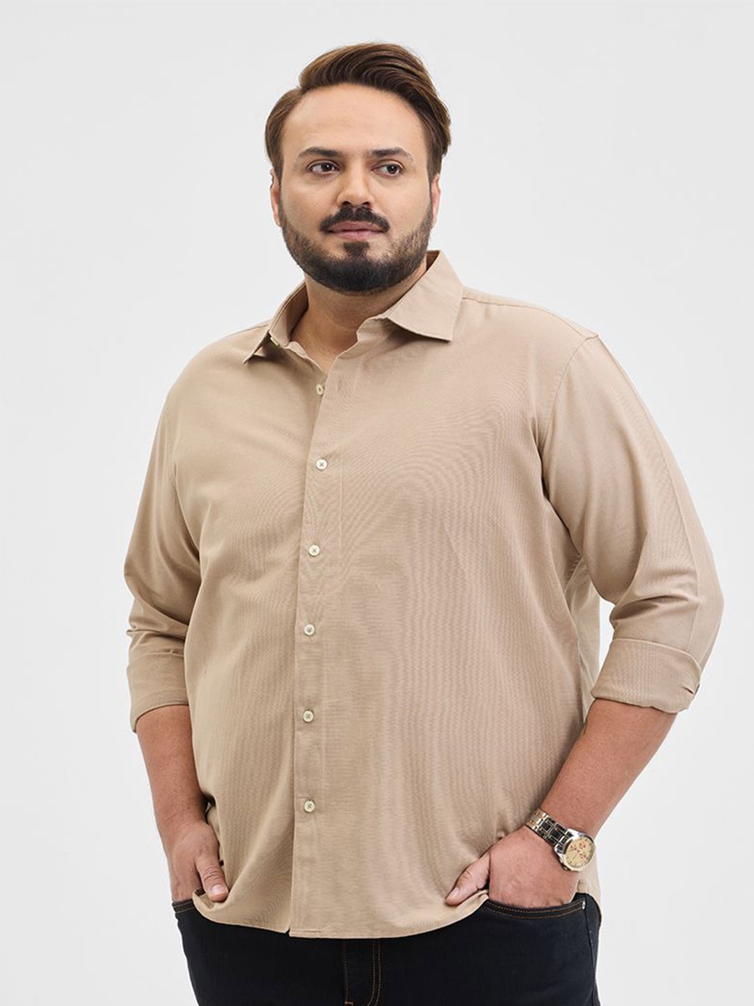

Snitch Men Classic Fit Spread Collar Solid Cotton Casual Shirt, Beige