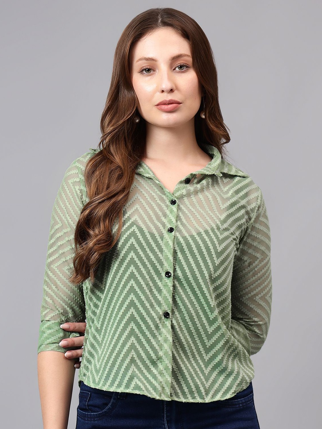 

Bright Nex Women Relaxed Boxy Fit Spread Collar Textured Casual Shirt, Olive