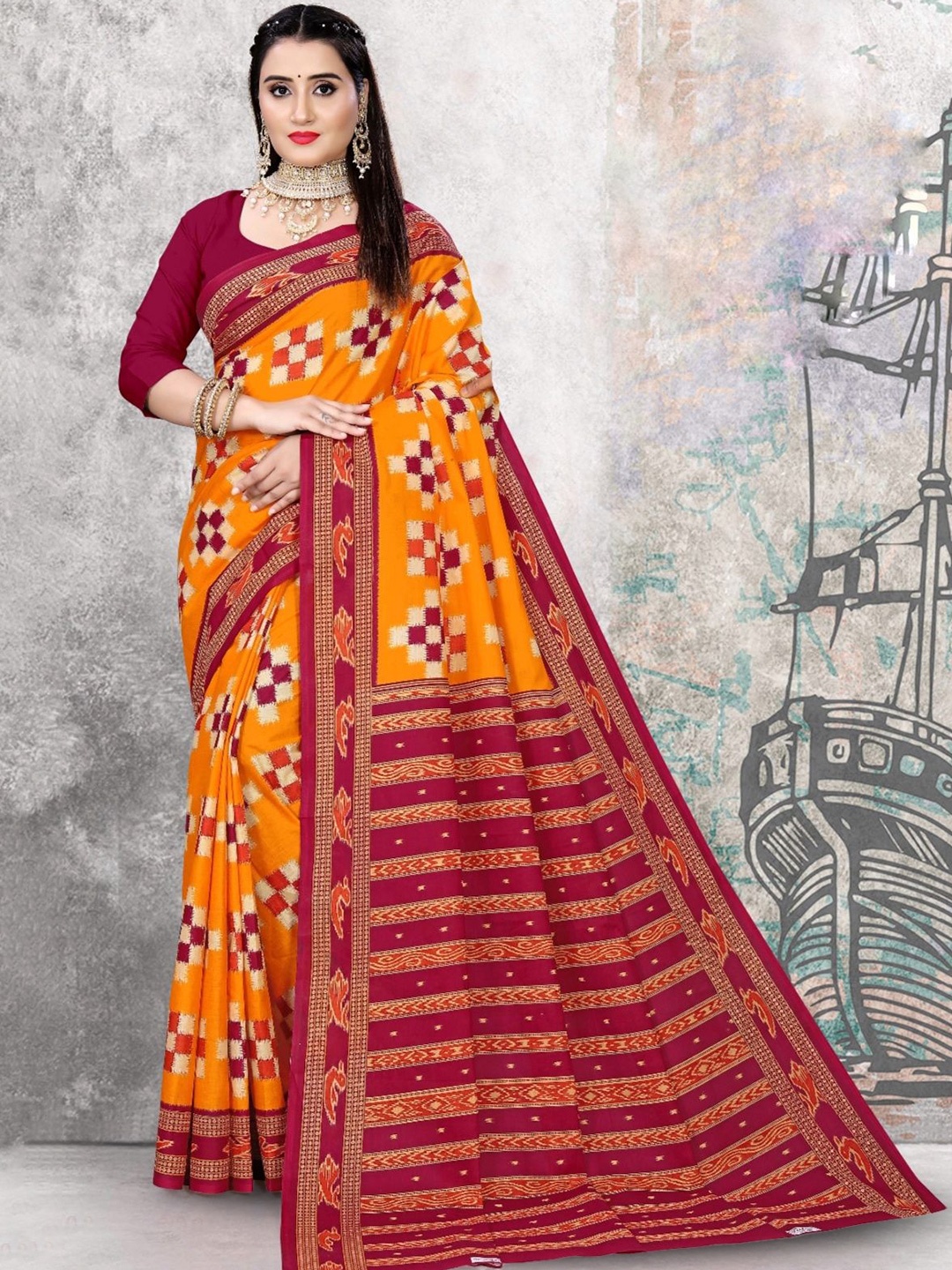 

pasapalli Pure Cotton Sambalpuri Saree, Orange
