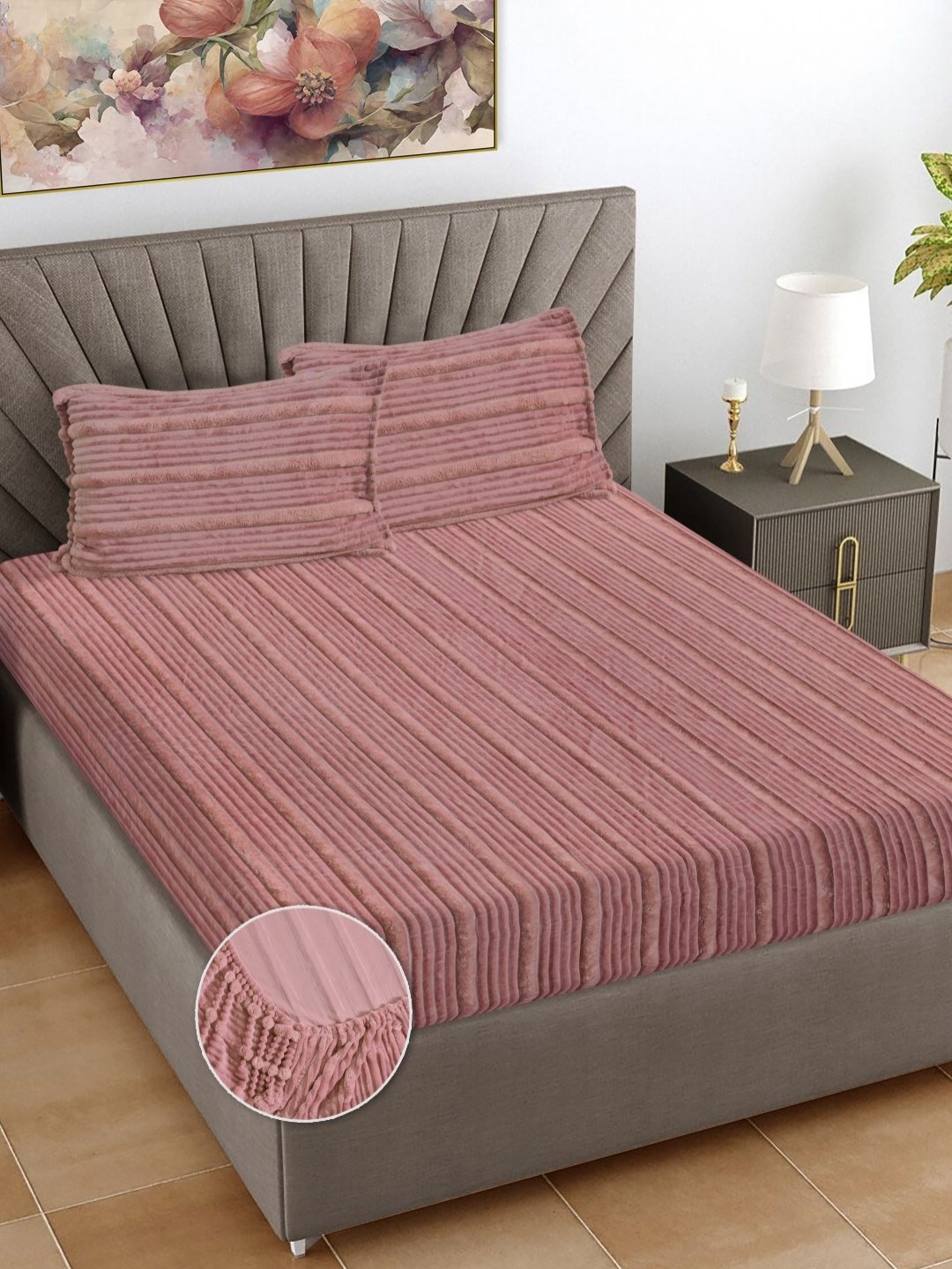 

FABINALIV Peach Striped 300 TC Woollen King Bedsheet Set 2.5m X 2.25m