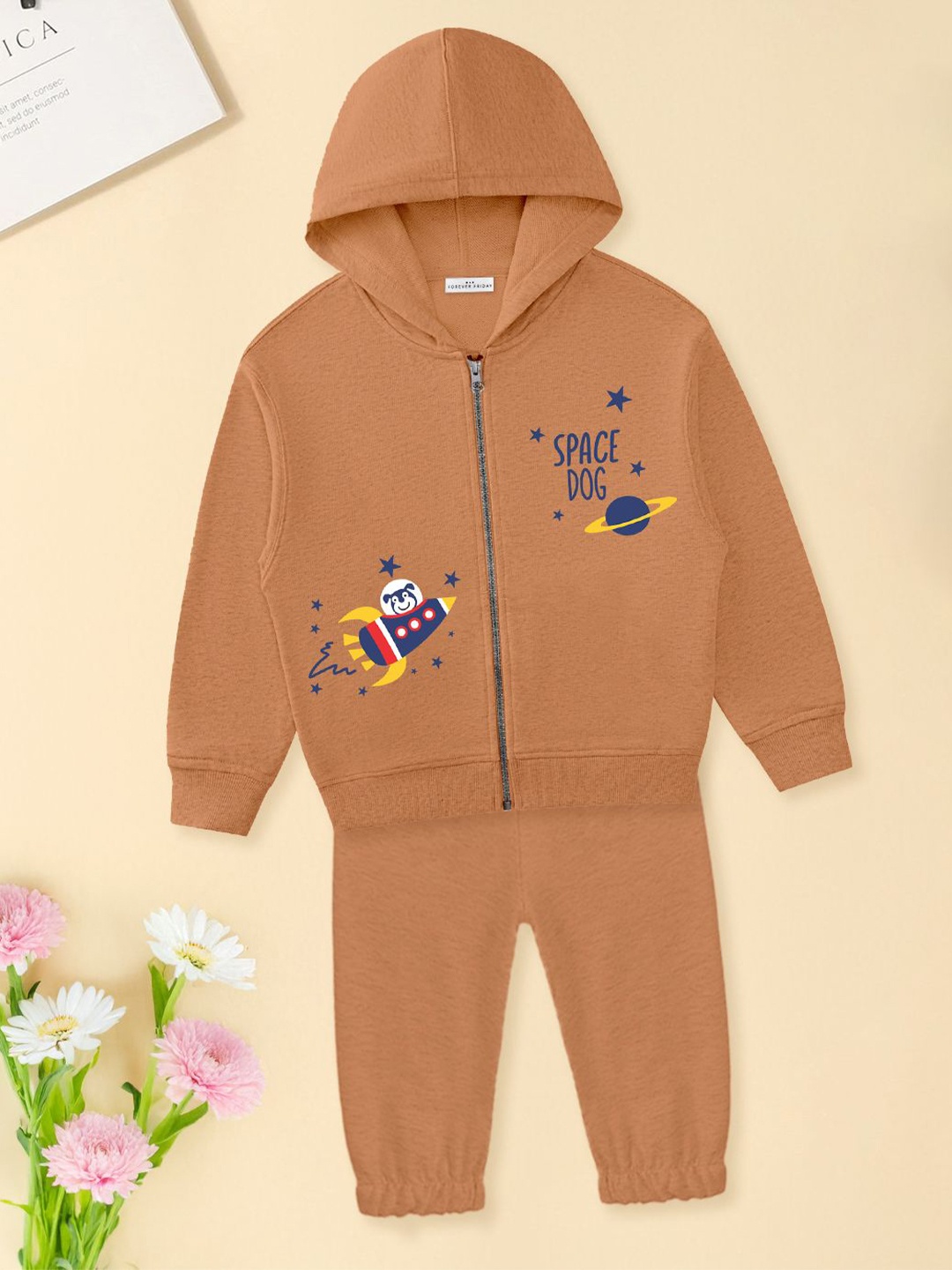 

FOREVER FRIDAY Boys Printed Hooded Pure Cotton Sweatshirt With Joggers, Peach