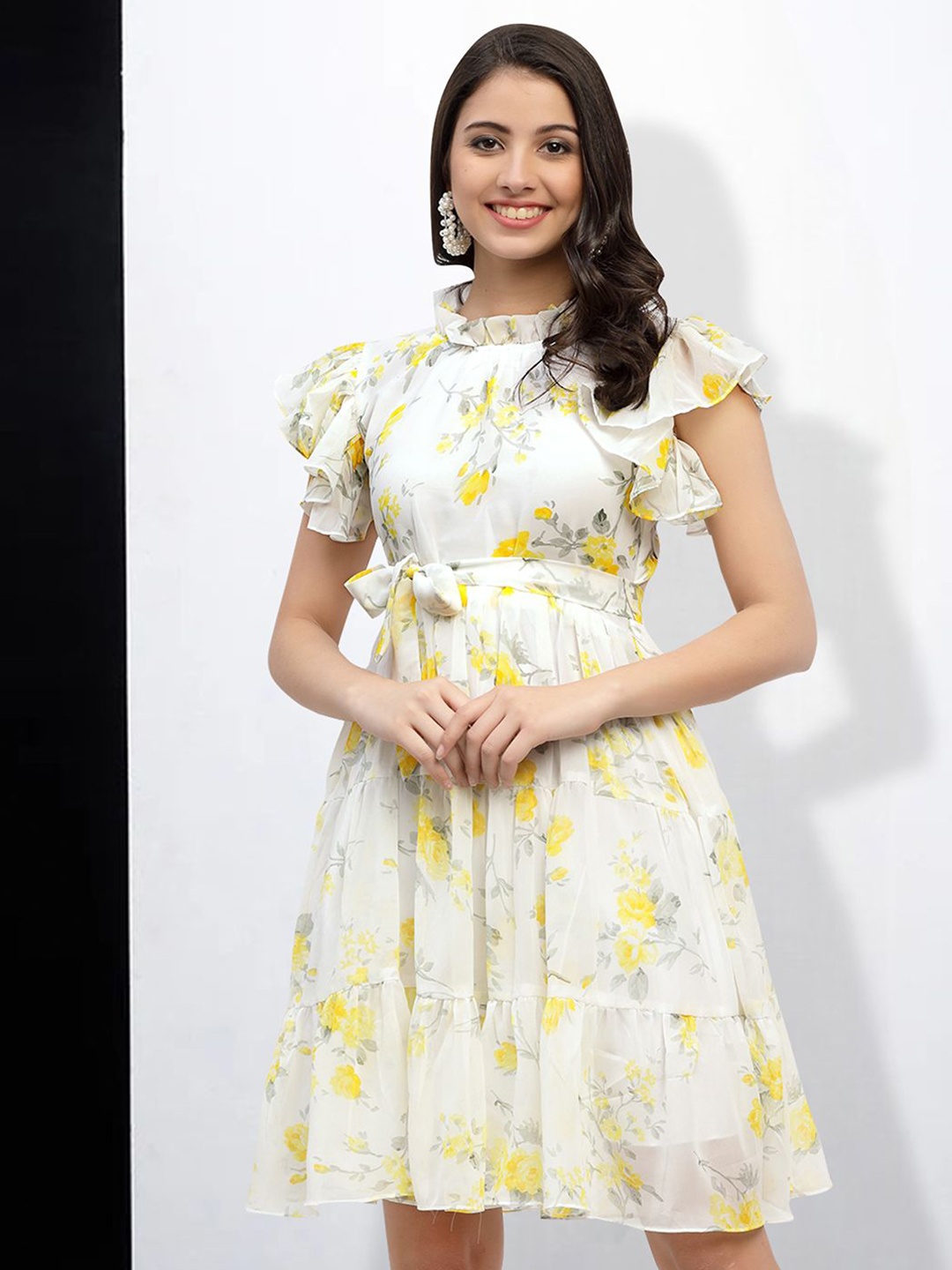 

MISS AYSE Women Floral Printed Tiered Fit & Flare Dress, Off white
