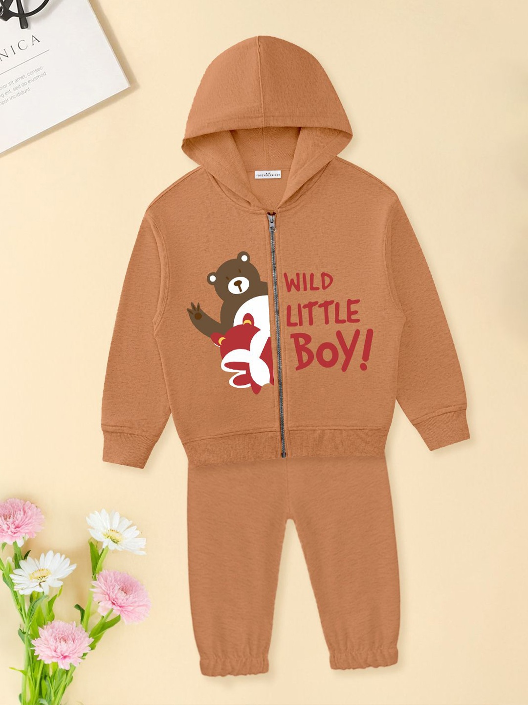 

FOREVER FRIDAY Boys Printed Hooded Pure Cotton Sweatshirt With Joggers, Brown
