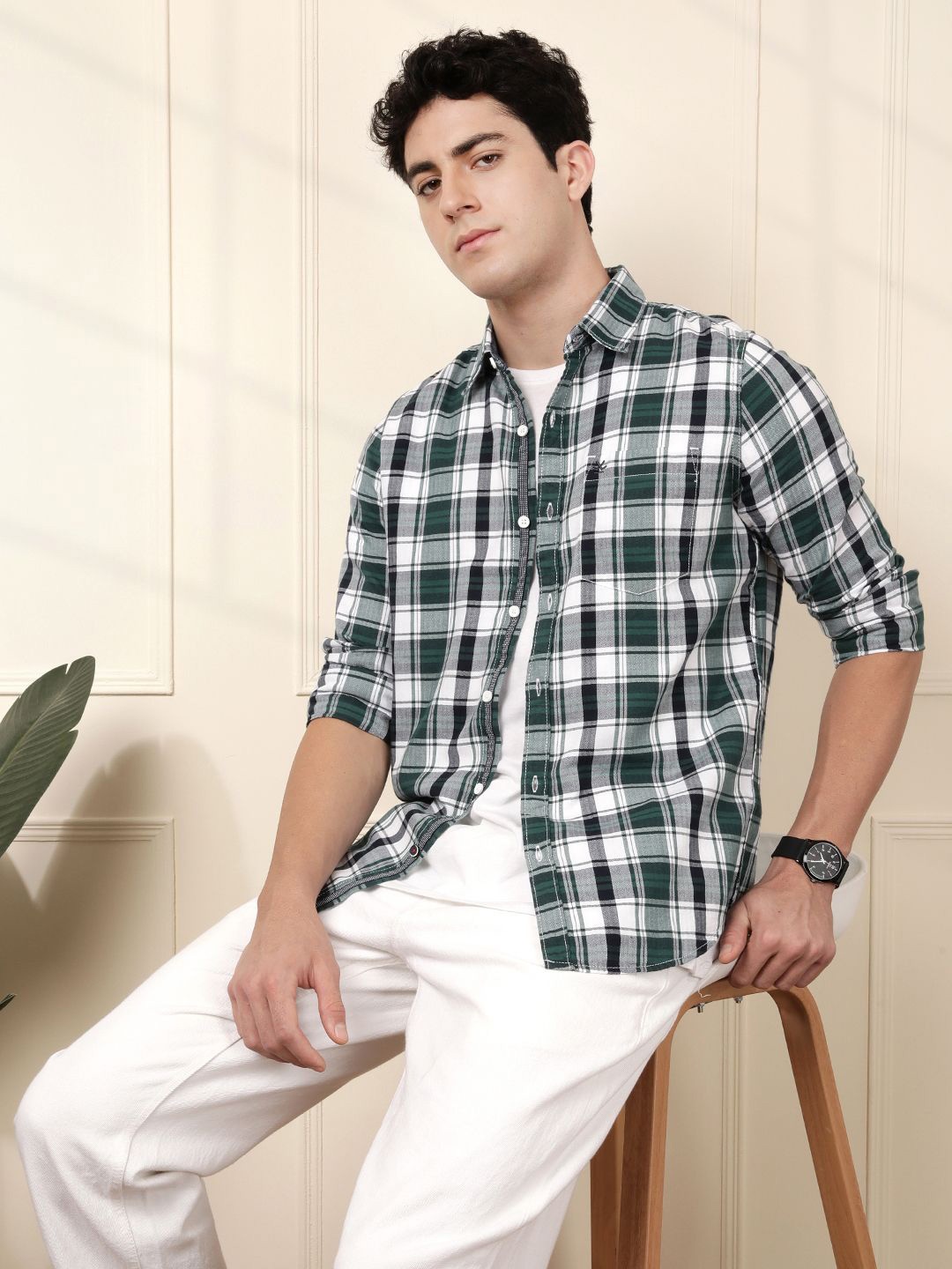 

WROGN Men Comfort Slim Fit Spread Collar Tartan Checked Cotton Casual Shirt, Green
