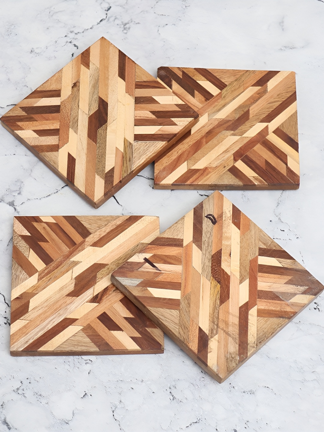 

Indianshelf Brown & Beige 4 Pieces Geometric Square Wooden Dining Table Coasters