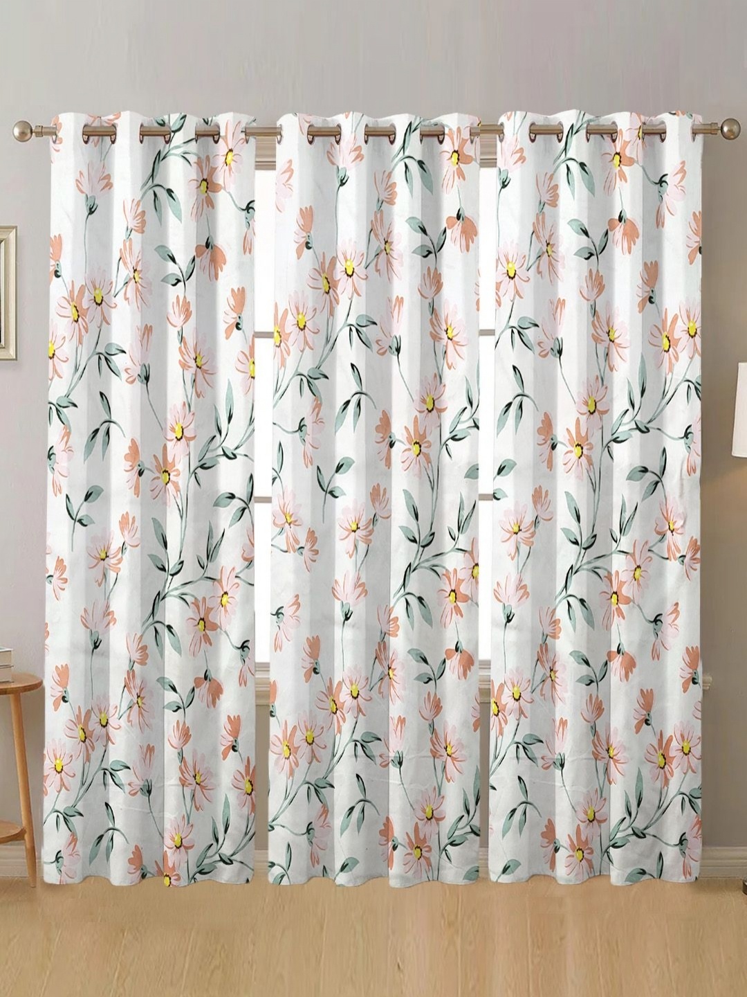 

ANA White & Pink Set of 3 Floral Room Darkening Long Door Curtain