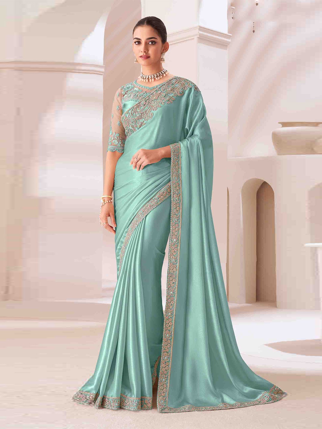 

KIMISHA Embellished Embroidered Pure Georgette Saree, Green