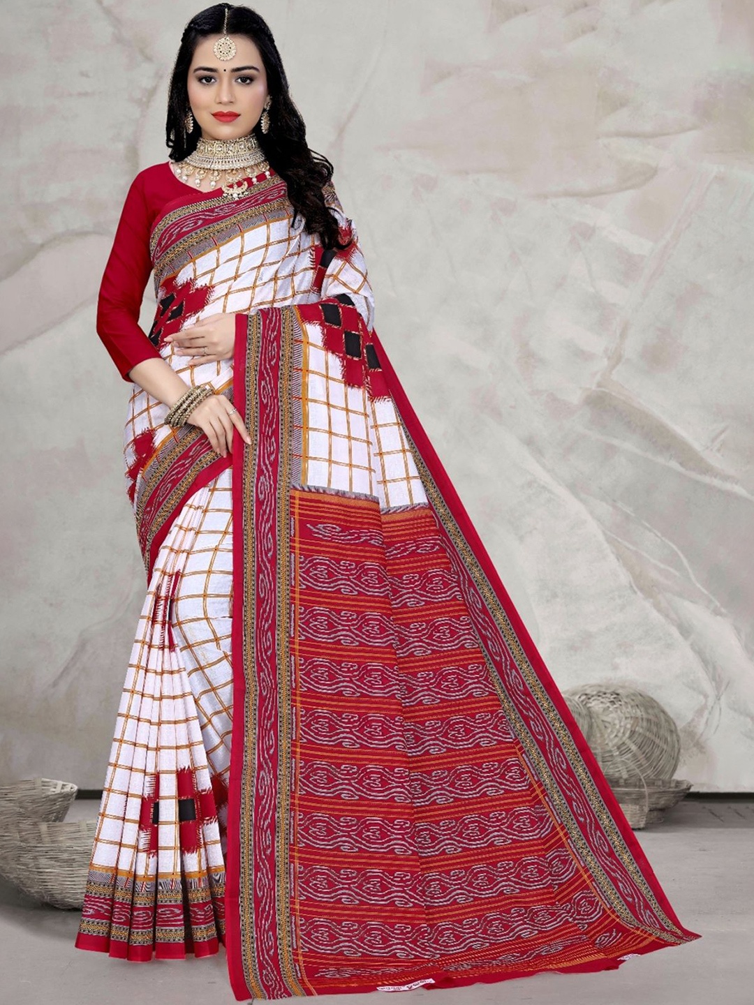 

pasapalli Checked Pure Cotton Sambalpuri Saree, White