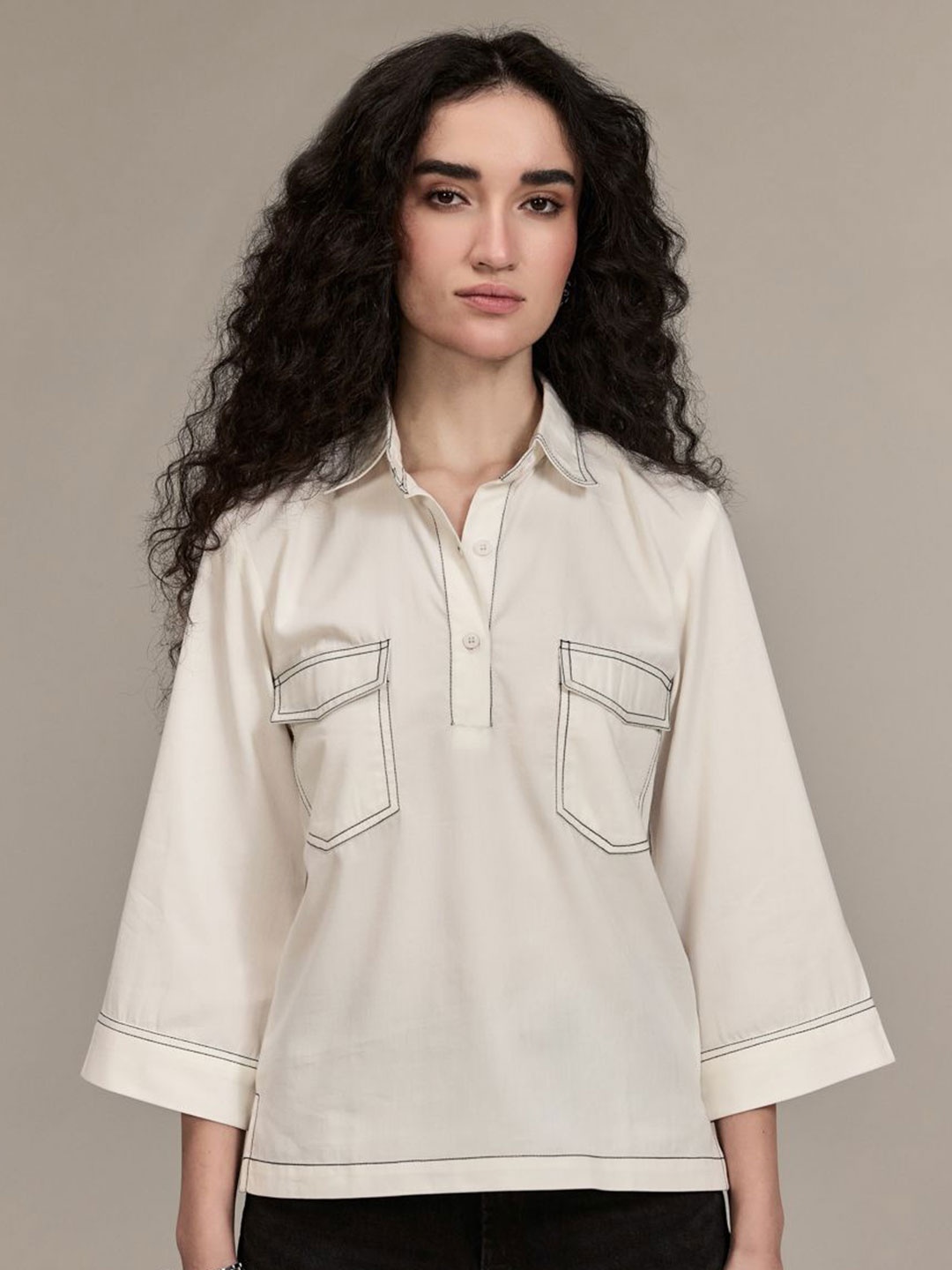 

Midsummer Women Spread Collar Solid Cotton Casual Shirt, White