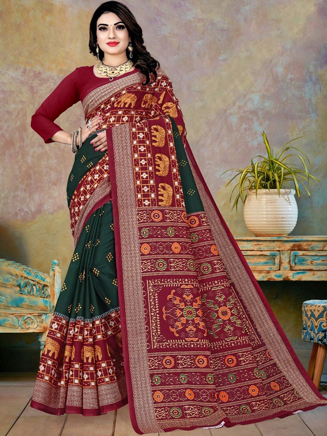 

pasapalli Ethnic Motifs Pure Cotton Sambalpuri Saree, Green