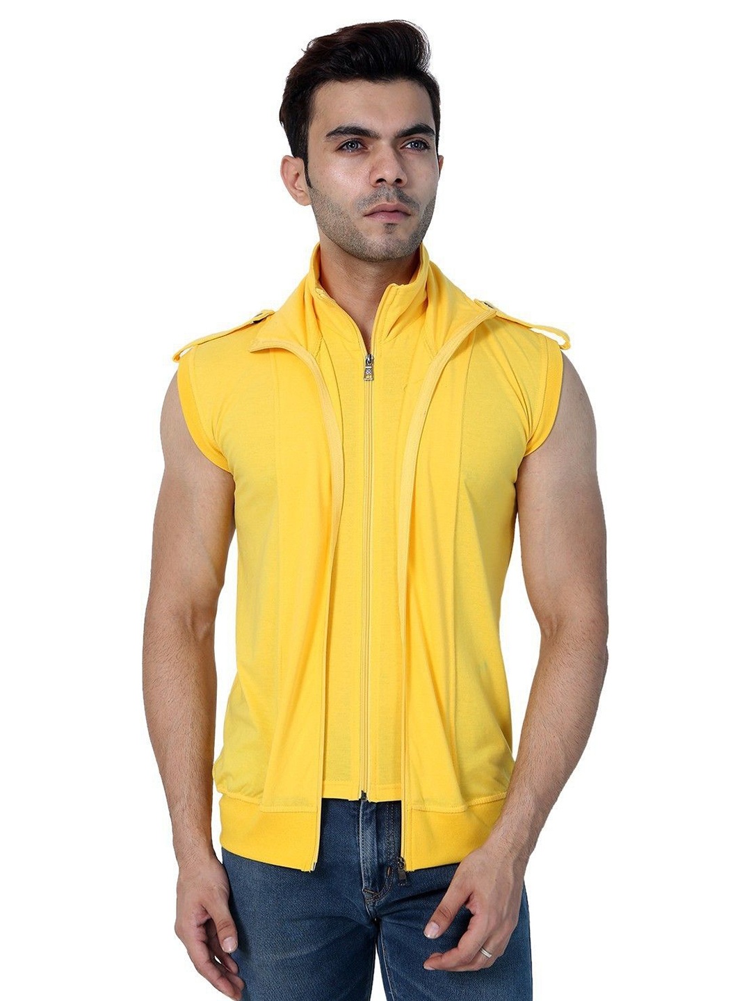 

Black Collection Solid Turtle Neck Double Zipper Sleeveless Slim Fit T-Shirt, Yellow