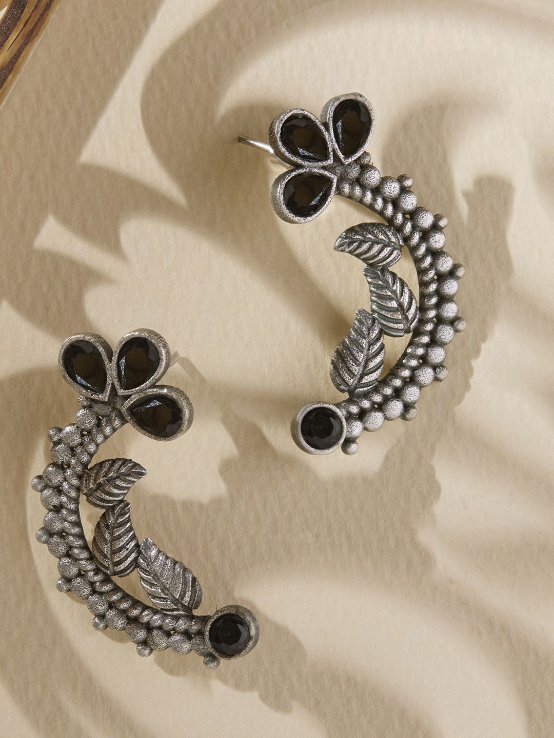 

Priyaasi Silver Plated Artificial Stones Studded Contemporary Oxidized Kemp Drop Earrings