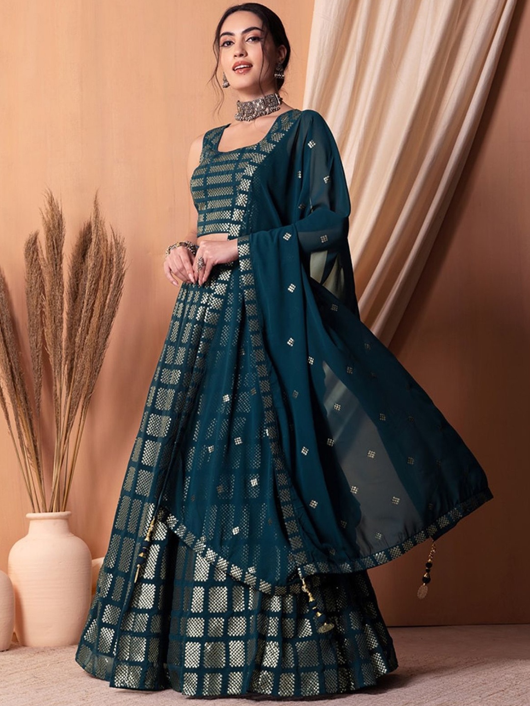 

ODETTE Embellished Sequinned Semi-Stitched Lehenga & Unstitched Blouse With Dupatta, Teal