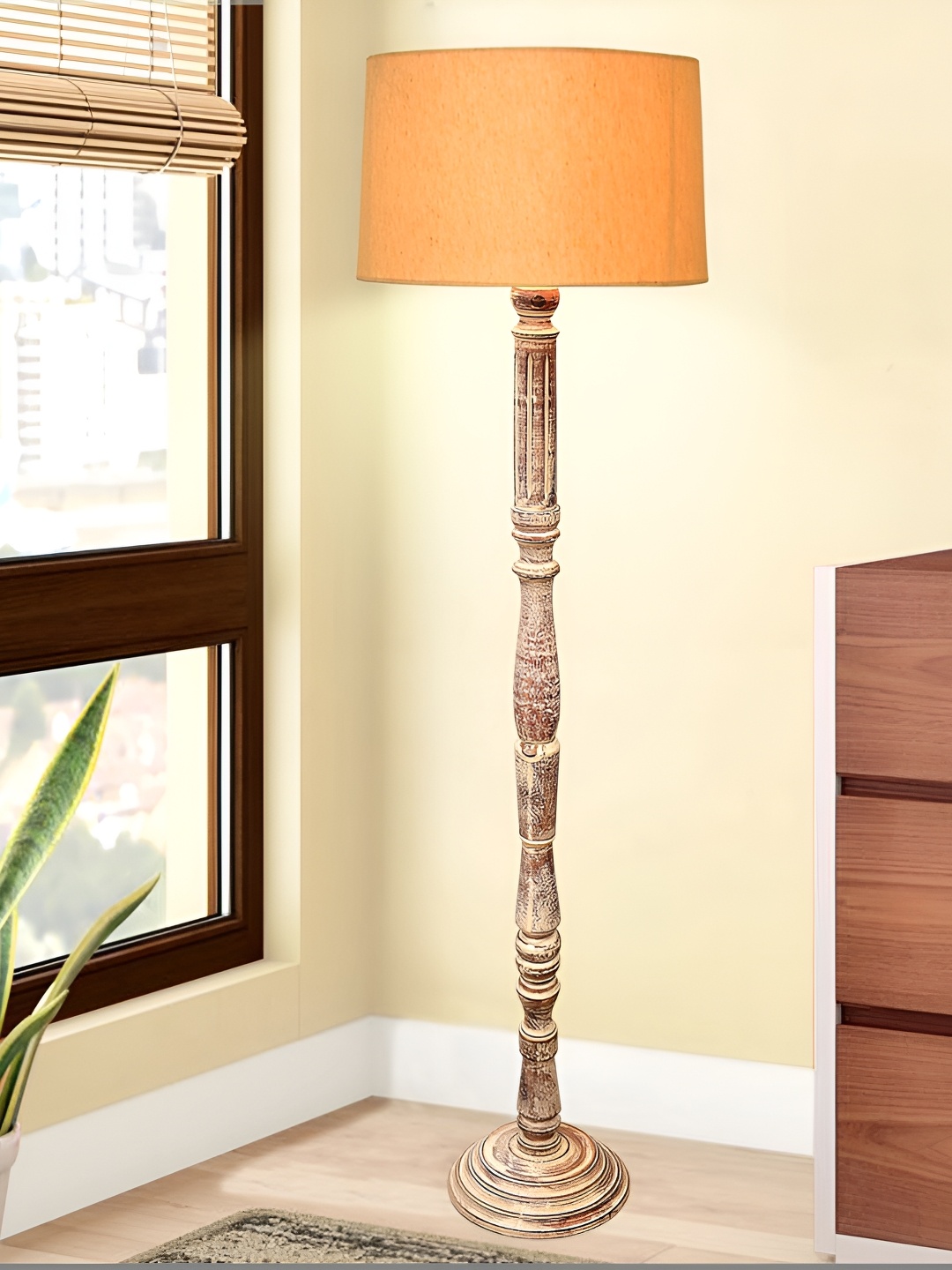 

Homesake Yellow & Brown Cylinder Shaped Wooden Floor Lamp
