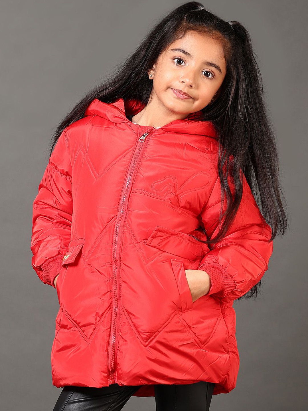 

V-Mart Girls Hooded Solid Cotton Casual Quilted Jacket, Red