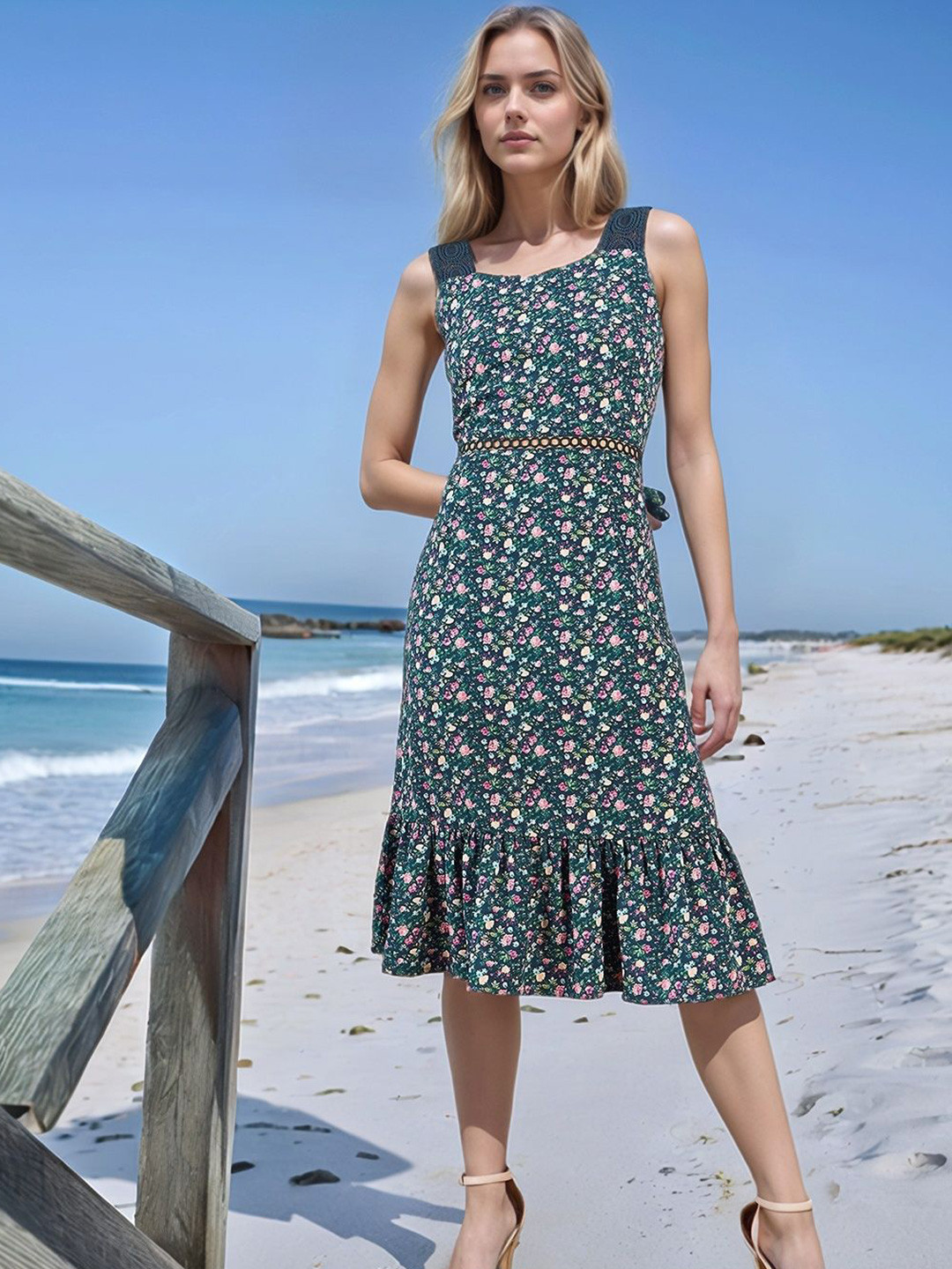 

RARE Women Floral Print A-Line Midi Dress, Navy blue