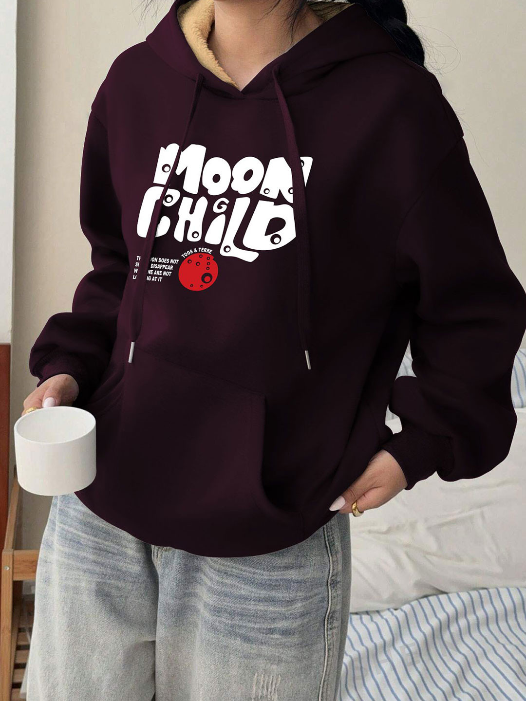 

TOGS & TERRE Women Printed Hooded Pullover Sweatshirt, Maroon