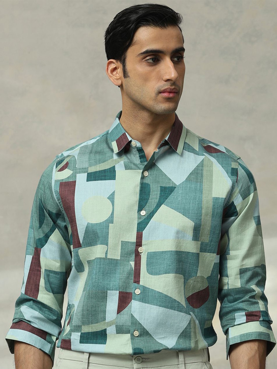 

Mufti Men Slim Fit Spread Collar Abstract Printed Cotton Casual Shirt, Green