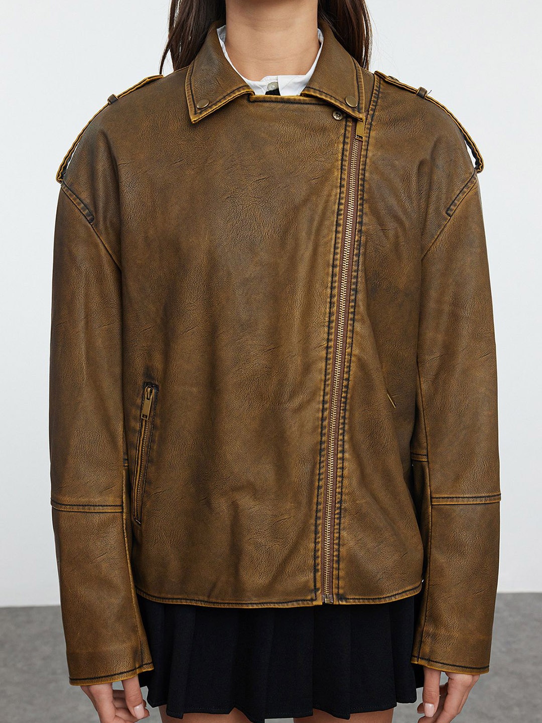 

Trendyol Crop Leather Jacket, Brown