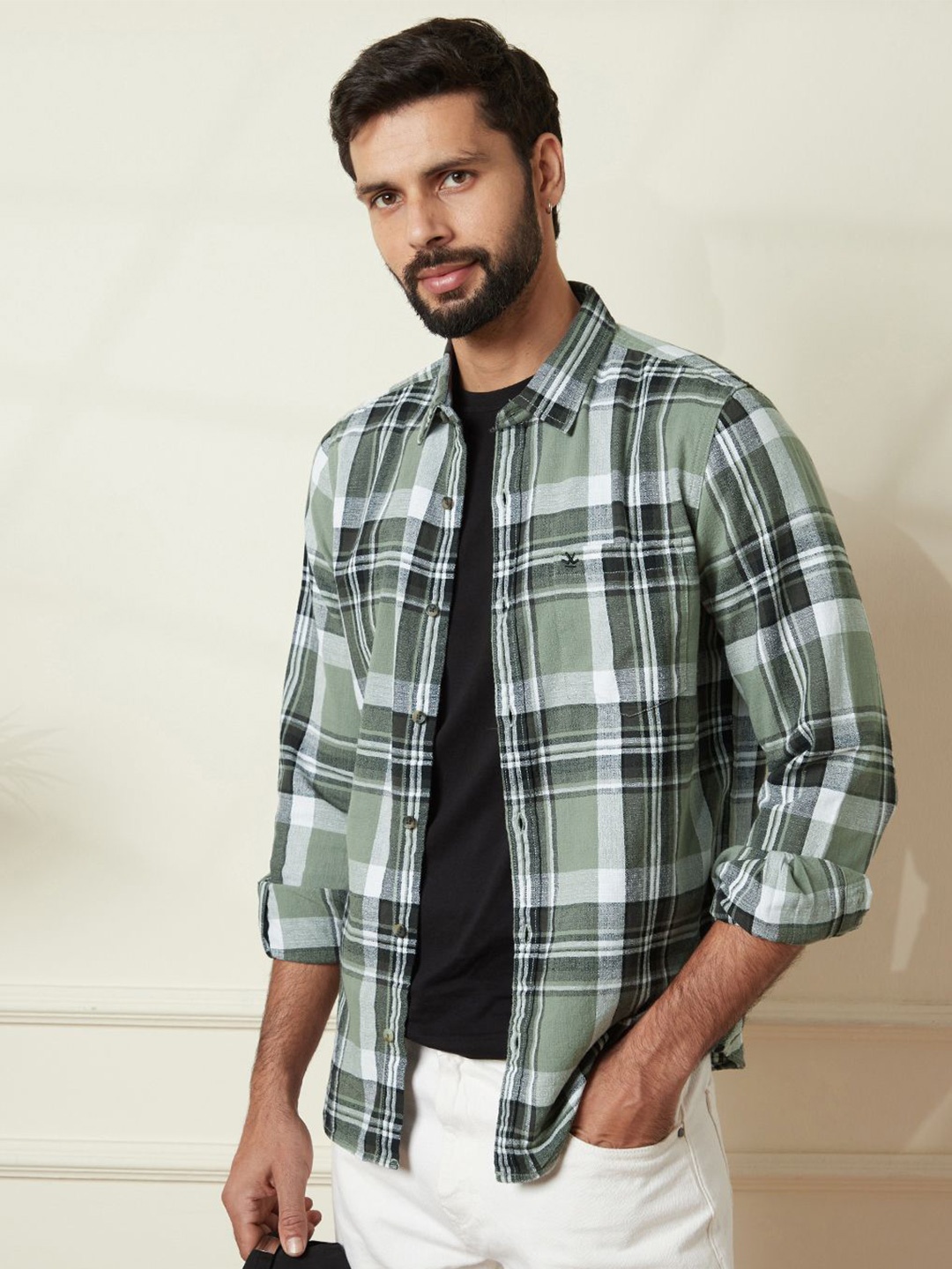 

WROGN Men Comfort Slim Fit Spread Collar Tartan Checked Cotton Casual Shirt, Olive