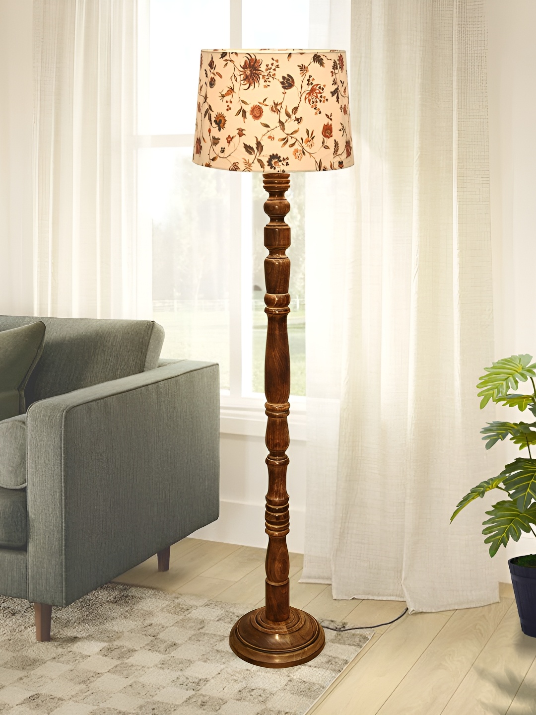 

Homesake Rose & Brown Printed Cylinder Shaped Wooden Floor Lamp