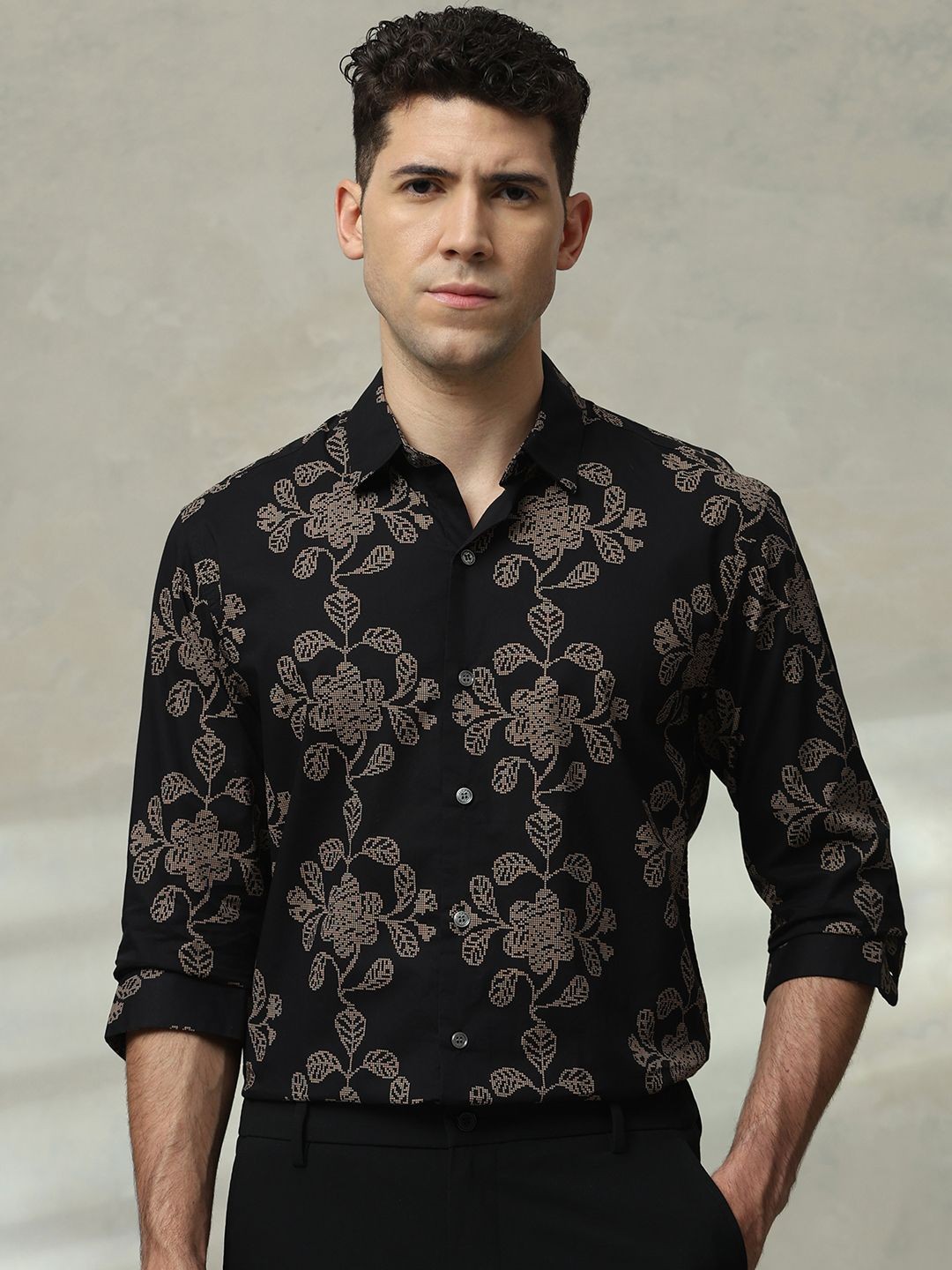 

Mufti Men Slim Fit Spread Collar Floral Printed Cotton Formal Shirt, Black