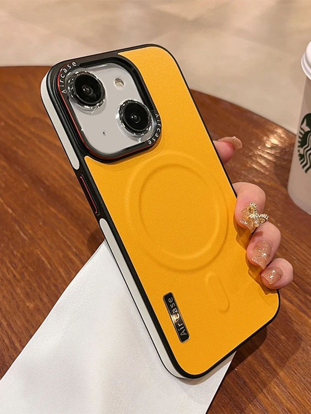 

Luxury Kase LK116 Matte Leather Magnetic Wireless Charging Shockproof iPhone 15 Back Case, Yellow