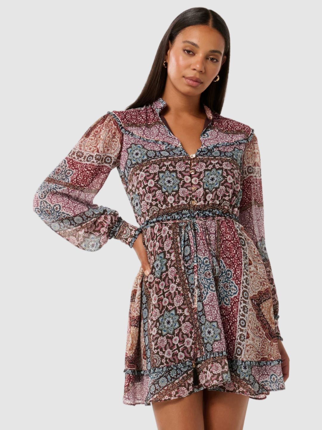 

Forever New Bohemian Print Bishop Sleeve A-Line Mini Dress, Maroon