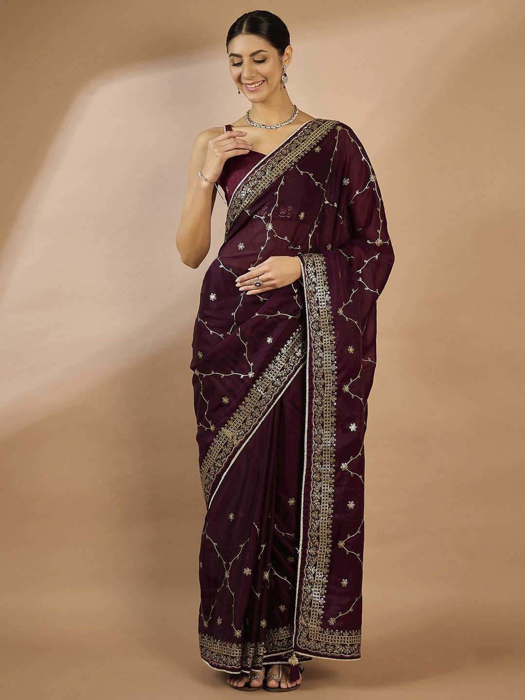 

all about you Embellished Embroidered Organza Saree, Burgundy