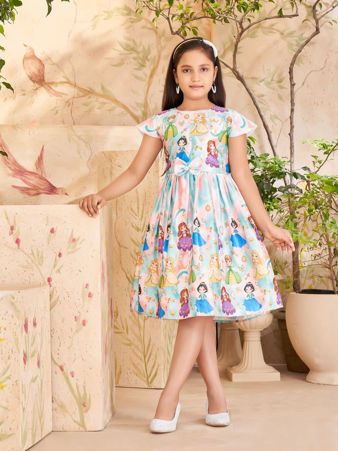 

YK Girls Printed Flutter Sleeve Net Fit & Flare Dress, White