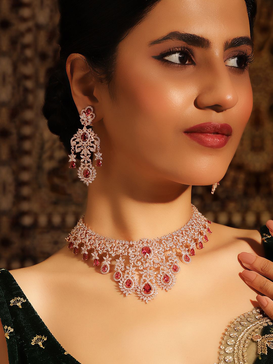 

Priyaasi Gold Plated Red Ruby American Diamond Studded Jewellery Set